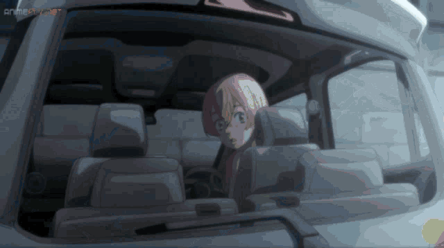 a girl with pink hair is sitting in the back seat of a car with the word anime on the bottom