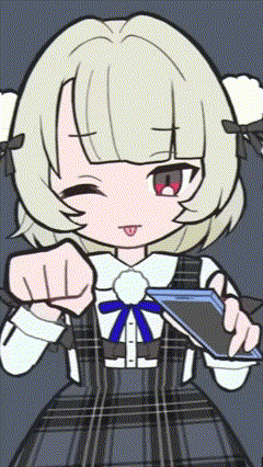 a girl with blonde hair and red eyes is holding a cell phone in her hand