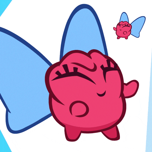 a cartoon drawing of a pink fairy with a blue wing