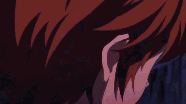 a close up of a anime character with red eyes
