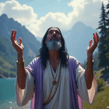 a man with long hair and a beard is standing in front of mountains with his hands in the air