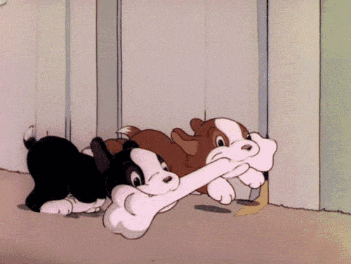 a cartoon of two dogs playing with a bone