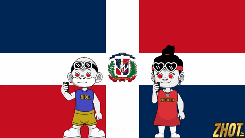a boy and a girl are standing in front of a dominican flag and their shirts say zhot