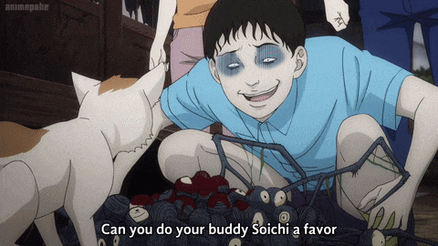 a cartoon of a boy and a cat with the words can you do your buddy soichi a favor
