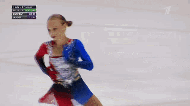 a girl ice skating in front of a meiwa banner