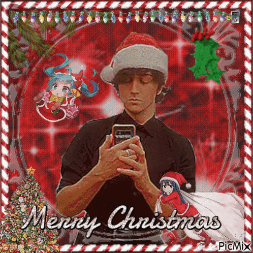 a man wearing a santa hat is taking a picture of himself with his phone