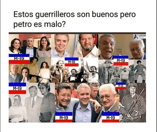 a collage of people with the words " estos guerrilleros son buenos pero petro es malo " on the bottom