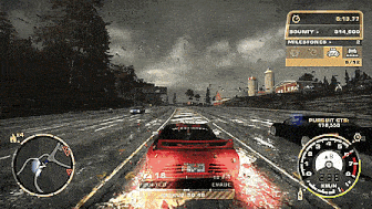 a video game screen shows a red car driving down a wet road