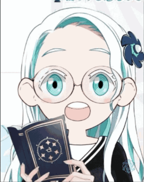 a girl with white hair and glasses is holding a book in her hands