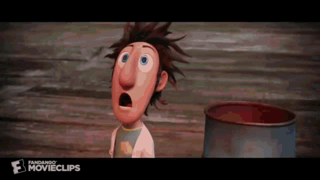 a cartoon character with a surprised look on his face is standing next to a barrel .