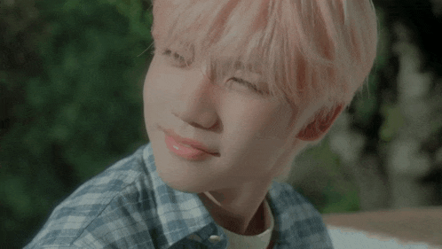 a young boy with pink hair and a plaid shirt is smiling with his eyes closed .