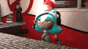 a cartoon character wearing headphones and a santa hat is standing on a counter