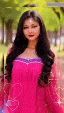 a picture of a woman in a pink dress with hearts around her