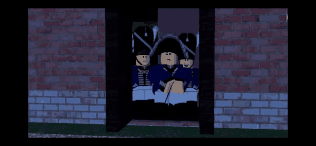 a group of soldiers standing in front of a brick wall at night