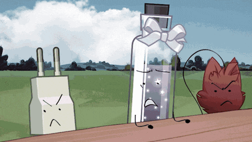 a cartoon drawing of a bottle of perfume a charger and a red object with an angry face