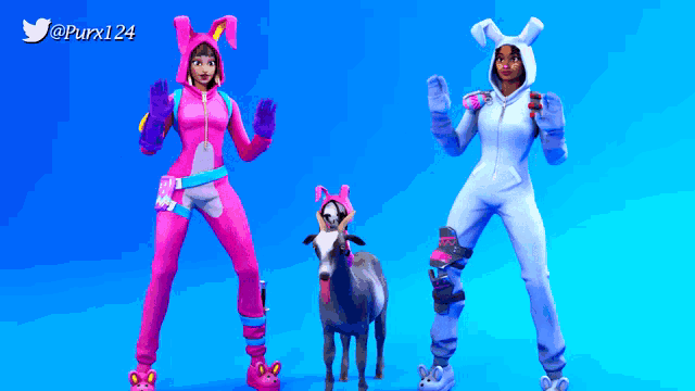 two women in pink and white bunny costumes are standing next to a goat on a blue background ..