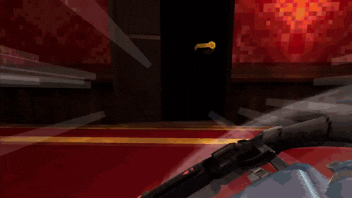 a computer generated image of a room with red carpets