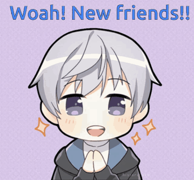 a cartoon of a boy with the words woah new friends