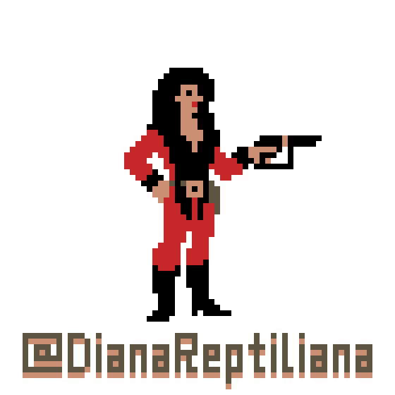 a pixel art of a woman holding a gun with the name diana reptiliana underneath