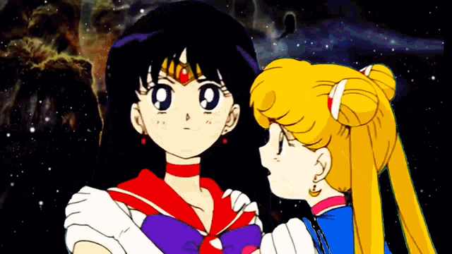 a couple of anime characters standing next to each other .