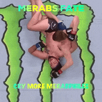 two men are wrestling in front of a monster logo