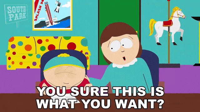 a south park cartoon shows a man and woman sitting at a table