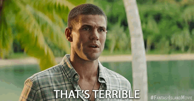 a man in a plaid shirt says that 's terrible in front of a palm tree