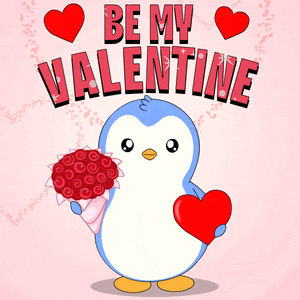 a penguin is holding a bouquet of red roses and a heart with the words be my valentine behind him