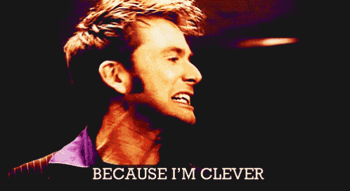a man says " because i 'm clever " in front of a purple background