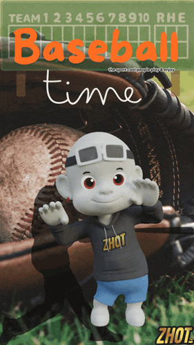 a baseball time poster with a character wearing a zhot sweatshirt