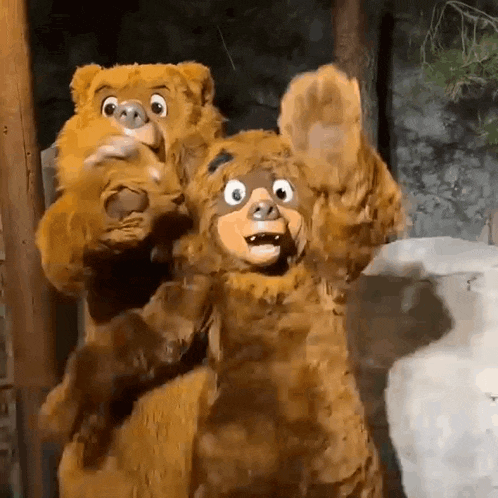 two teddy bears are standing next to each other and waving their arms in the air .