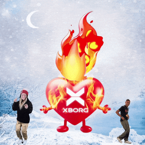 a man and a woman are running in front of a xborg heart