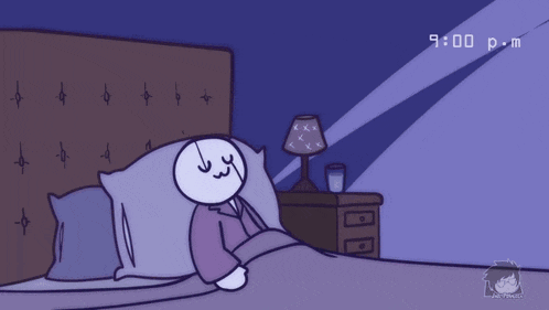 a cartoon of a person sleeping with the time 9:00 p.m. on the bottom