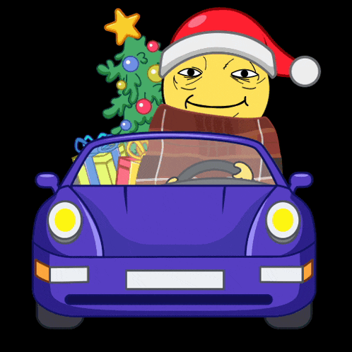 a cartoon of a man in a santa hat driving a car