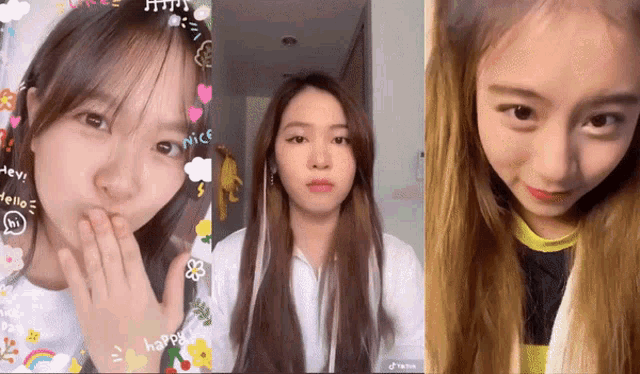 a collage of three pictures of a girl with the word nice written on her hair