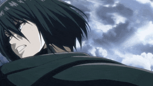 a close up of a black haired anime character with a cloudy sky in the background