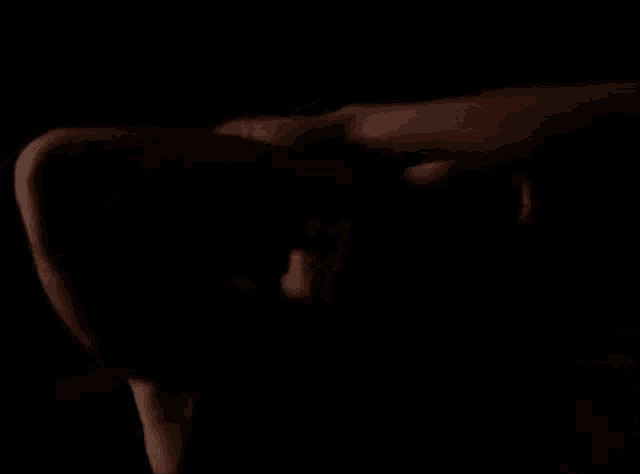 a man is standing in the dark with a woman behind him .