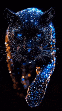 a black panther with blue eyes is surrounded by sparkles
