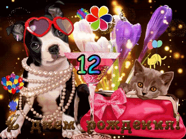 a dog wearing heart shaped sunglasses sits next to a cat and a pink purse with the number 12 on it