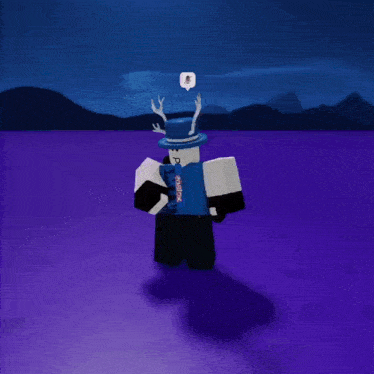 a roblox character is standing in a purple field with antlers on his hat