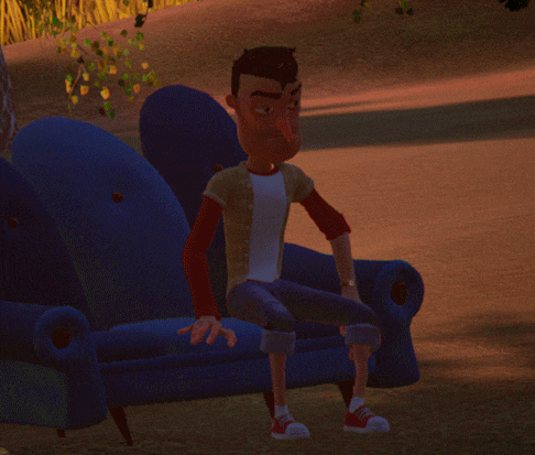 a cartoon character is sitting on a blue couch in the grass