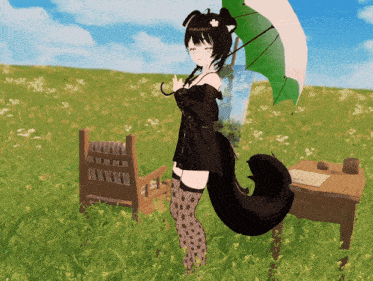 a girl with a black tail is holding an umbrella