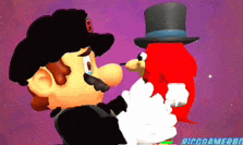a cartoon character wearing a top hat is standing next to a red cartoon character