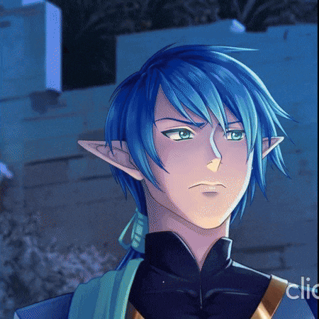 a cartoon character with blue hair and green eyes is standing in front of a building