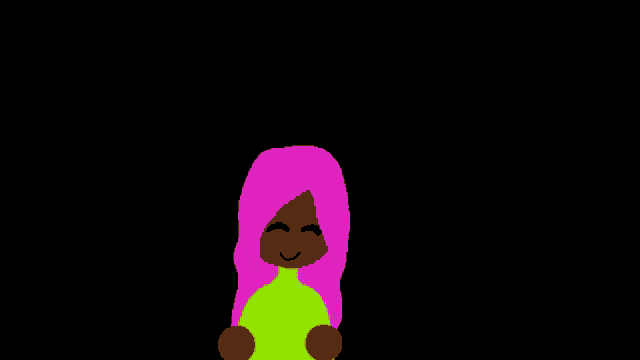 a cartoon girl with pink hair and a green shirt is standing in the dark and smiling .