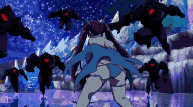 a woman in a bikini is surrounded by a group of monsters