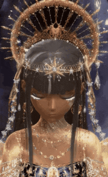a girl with a crown on her head is wearing a necklace and earrings .