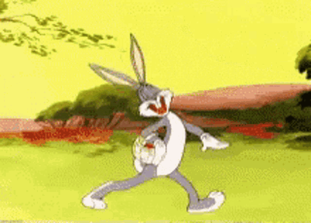 a cartoon character named bugs bunny is walking through a grassy field
