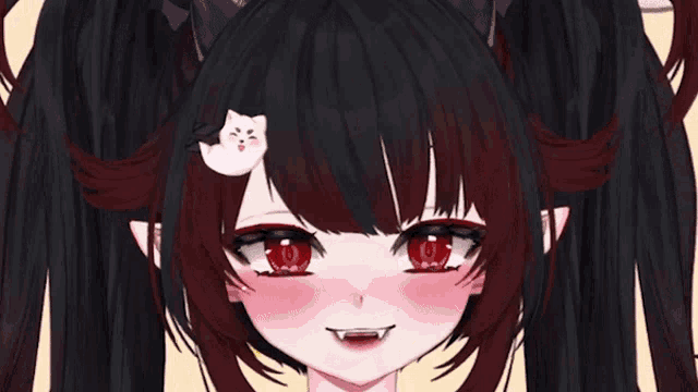 a close up of a girl 's face with a cat on her hair