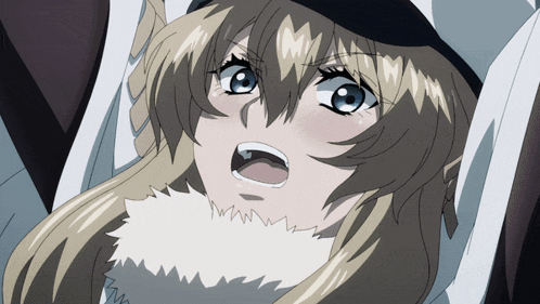 a close up of a blonde anime girl with a hat on